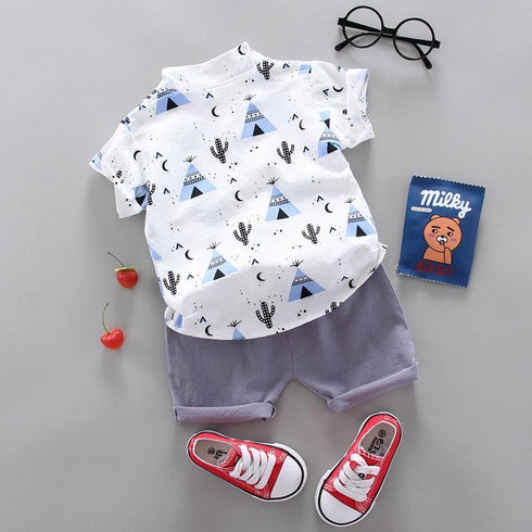 2pcs Toddler Boy Casual Pyramid Cactus Print Shirt and Shorts Set